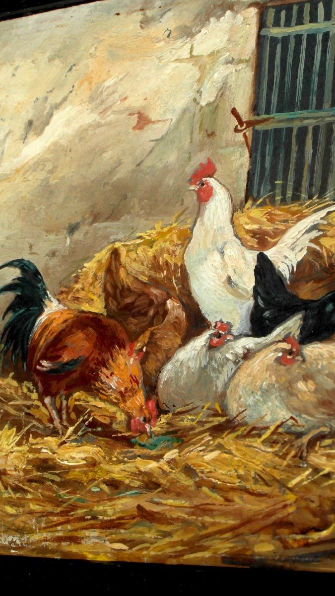 Charmante Huile Sur Panneau "aux poules" par PHILIPPE ALBIN DE BUNCEY, vers 1930.-photo-3