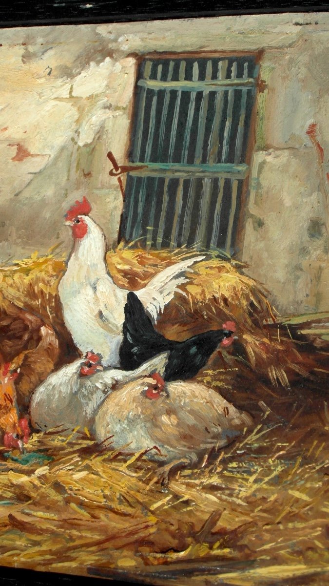 Charmante Huile Sur Panneau "aux poules" par PHILIPPE ALBIN DE BUNCEY, vers 1930.-photo-4