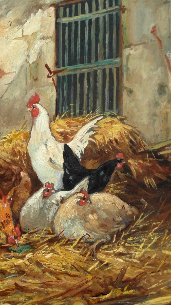 Charmante Huile Sur Panneau "aux poules" par PHILIPPE ALBIN DE BUNCEY, vers 1930.-photo-2