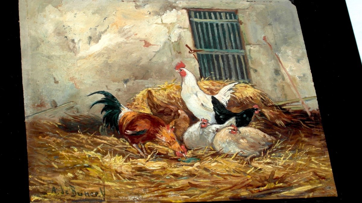 Charmante Huile Sur Panneau "aux poules" par PHILIPPE ALBIN DE BUNCEY, vers 1930.