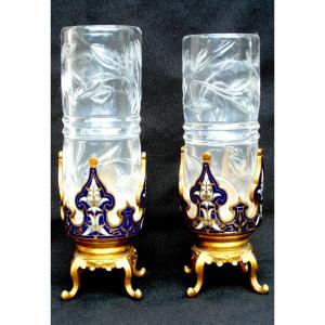 Jolie Et Rare Paire De Vases "bambou" En Cristal Taillé, 1880, Era Daum Galle 