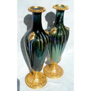 Jolie Paire De Vases Art-nouveau,  Monture Bronze Par Paul Louchet, Era Daum 1900 Milet