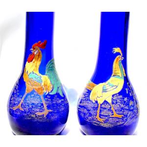Pair Of Enamelled Legras "rooster And Hen" Vases, Perfect, Circa 1900, Era Daum Galle Art Nouveau