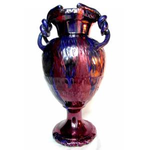 Pretty Iridescent Vase 1900 In Anses By J. Gaziello In Vallauris, Era Massier Galle