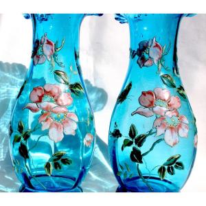 Charming Pair Of Enameled Vases "hawthorns And Butterflies" By Legras, Perfect, Era 1900 Daum
