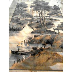 Sublime Large Japanese Wall Hanging 19th "riverside With Pagoda" Era 1900 Daum Meiji