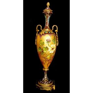 Beautiful Large Vase In Cloisoné Enamels By Félix Optat Milet, Era 1900 Deck Daum Millet