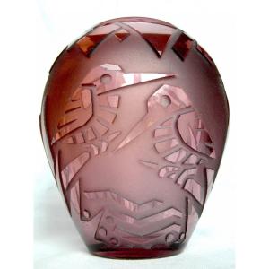 Charming Art-deco Vase With Finches By Muller, Era Daum Galle 1920
