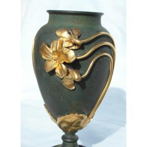 Charming Art Nouveau Vase In Bronze 2 "myosotis" Patinas By Armand Truffier, Era 1900 Daum