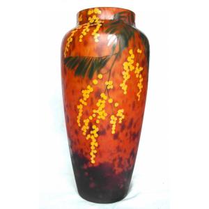 Beautiful Large Daum Vase With Mimosas, Belle Etoile Glassware, Perfect, Era Galle Art-deco Galle 1920