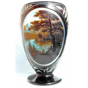 Superbe Et Rare Vase d'Argental Avec 2 Réserves Au Paysage Alpin, Era Daum Galle 1900