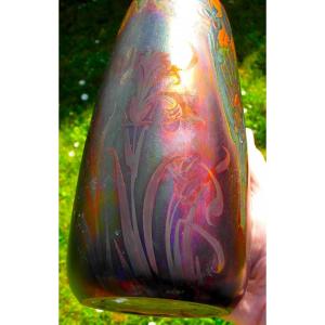 Beautiful Carnation Vase In Iridescent And Enameled Ceramic By Montières, Era Massier 1920