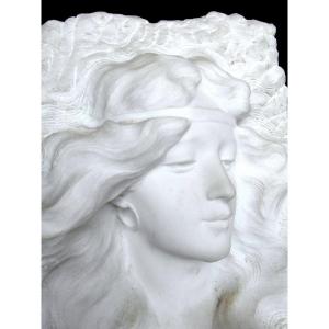 Belle Grande Sculpture "femme Au Bandeau" En Marbre Blanc Par Pierre Lenoir, Era 1900 Pugi Daum