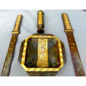 Nécessaire de bureau art-déco complet par A Sadoux en bronze 2 patines, era Marionnet daum 1920