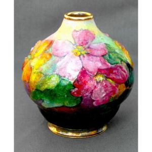 Beautiful Vase With Clematis Decor In Limoges Enamel By Camille Faure, Daum Era 1920 Art Deco