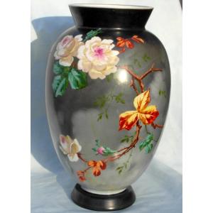 Opaline Vase With Floral Decoration By Baccarat, Circa 1880, Daum Galle Art Nouveau Era
