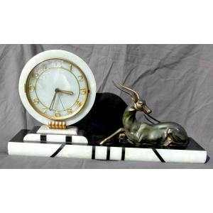 Art Deco Clock With Antelope Motif, Marble And Onyx, Working, Made By The Glassmaker Le Faguays In 1920