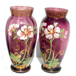Pair Of Enameled Clematis Vases By Legras, Circa 1900, Daum Galle Era