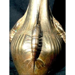 1900 Soliflore Vase With Gilded Bronze Shrimps By Victorin Sabatier, Era Marionnet Susse