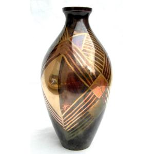 Art-deco Brassware Vase With Geometric Decoration, Circa 1930, Dunand Christofle Era,