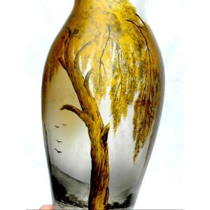 Vase art-nouveau au saule doré par Michel à Nancy, era daum galle legras