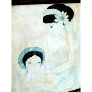 "Chagrin d'amour" par Mara TRAN LONG, technique mixte sur soie, 1977, daté, signé et titré.