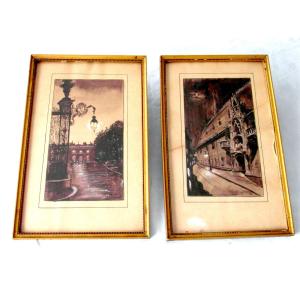 Pair Of Watercolors With Gouache Highlights Place Stanislas, By J Cherrier From 1931, Daum Era