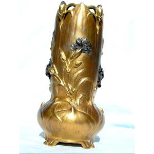 1900s Polychrome Bronze Vase With A Carnation Design By Guenardeau, Era Siot Marionnet Daum
