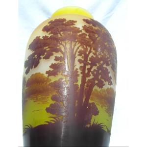 1900s Vase With Lake-themed Decoration Engraved By Gallé, 27 Cm, In Perfect Condition, Daum Art Nouveau