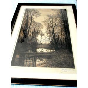 Large Framed Engraving From 1900, By Eugene Delatre, Perfect, 1900, Signed