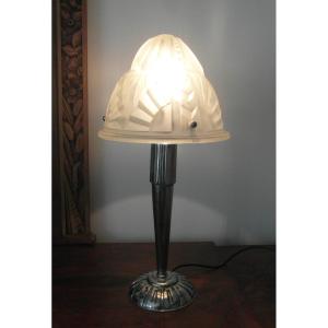 Grande lampe champignon art-déco avec pied en bronze nickelé et chapeau DEGUE, era Muller 1930