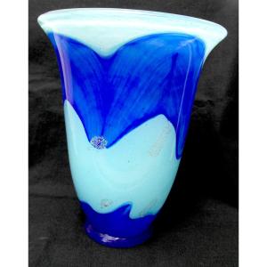 Large Art Deco Vase, With A Blue Band And Silver Spangles, By Delatte, From The Daum Galle Era 