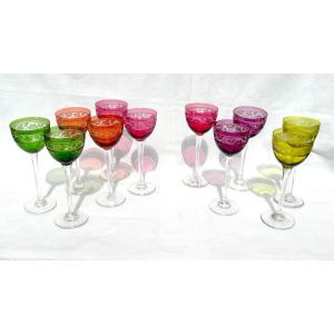 Set Of 11 Art Deco Acid-etched Glasses By "cristallerie De Nancy," Circa 1925, Daum Galle Era