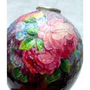 "roses And Forget-me-nots" Ball Vase In Limoges Enamel By Camille Faure, Circa 1920, Daum