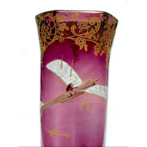 1900 Legras Vase Decorated With A Monoplane, Art Nouveau Style