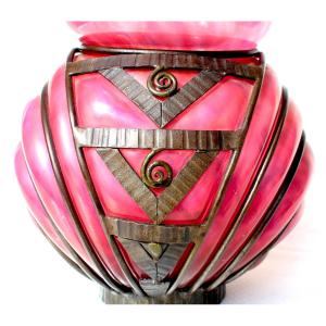 Large Art Deco Vase With Wrought-iron Base By Daum And Majorelle, Circa 1925, Galle Era