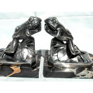 Pair Of Art Deco Bookends With Frog Motifs By Frécourt, Era Daum Marionnet, 1920