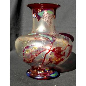 Rare Art Nouveau Vase With Engraved, Enameled, And Iridescent Decoration By Vallerysthal, Circa 1895, Galle Era