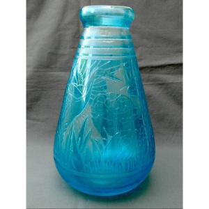 Large Art Deco Vase With Heron Design, Engraved Glass By Delatte, 35 Cm, Era Daum Lalique