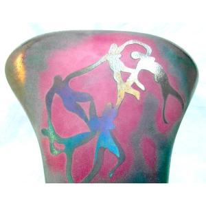 Rare "la Farandole" Vase By Ada Loumani, Engraved And Iridescent, Era Novaro, Daum, Mallemouche, Biot