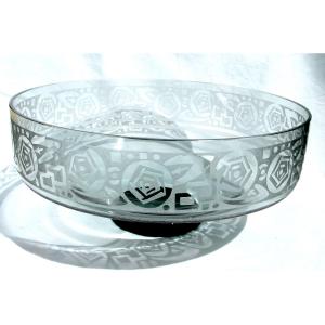 Large, Tall Goblet Engraved With Stylized Roses By Daum, Art Deco Era, Galle, 1925