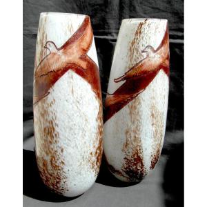 Paire de vase art-déco aux colombes par Legras, gravée, 38 cm, era daum galle 1920