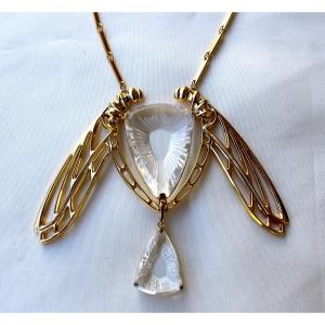 "ice Light" Dragonfly Necklace In Crystal And Vermeil By Lalique, In Its Presentation Box.