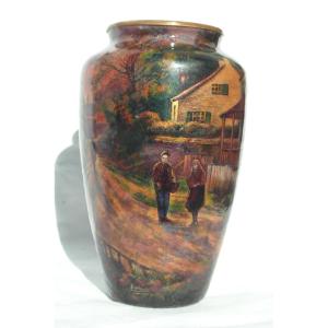 Important Limoges Enamel Vase On Copper, "le Village," By Jules Sarlandie, Faure Daum Era