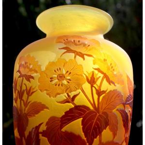 Vase With Primrose Design By Gallé, Engraved, In Perfect Condition, Daum, Circa 1900, Art Nouveau