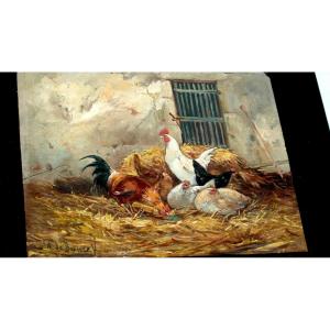 Charmante Huile Sur Panneau "aux poules" par PHILIPPE ALBIN DE BUNCEY, vers 1930.
