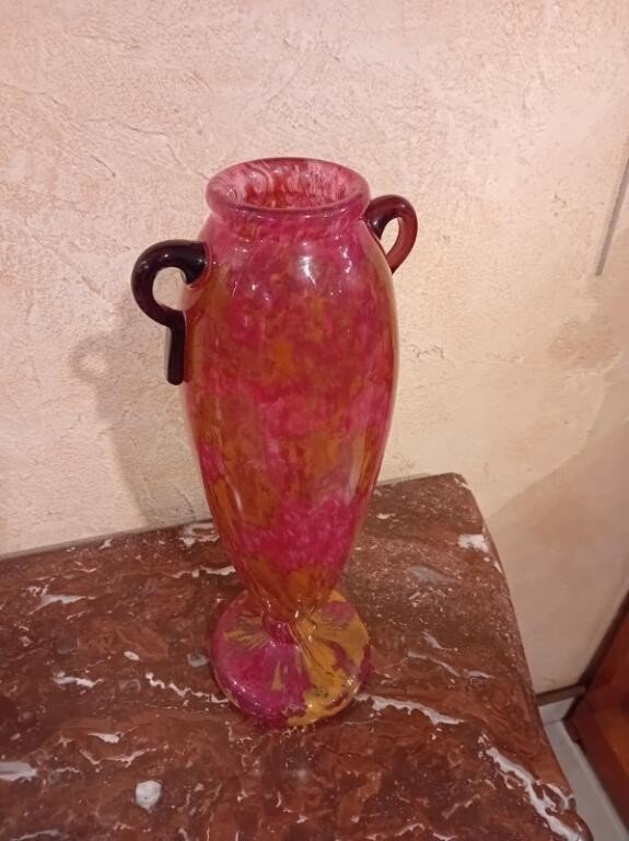 Schneider Vase Verre Marmoreen Anses Appliquees A Chaud-photo-2