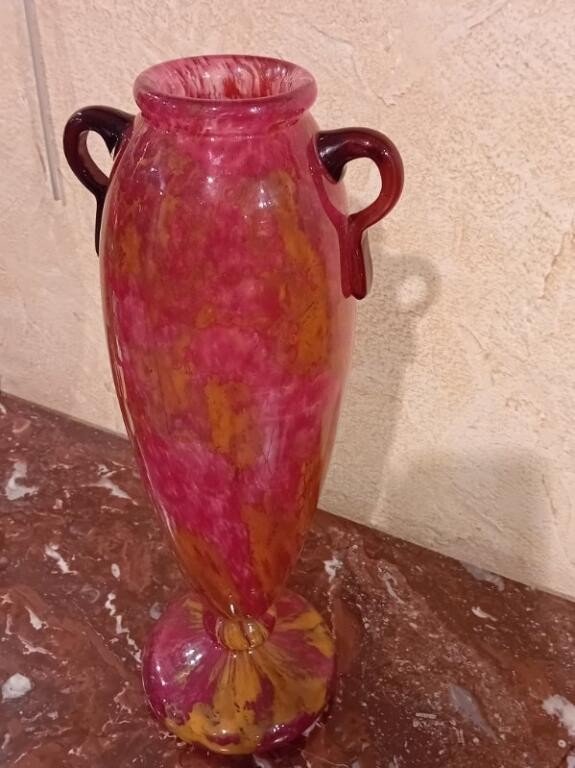 Schneider Vase Verre Marmoreen Anses Appliquees A Chaud-photo-3