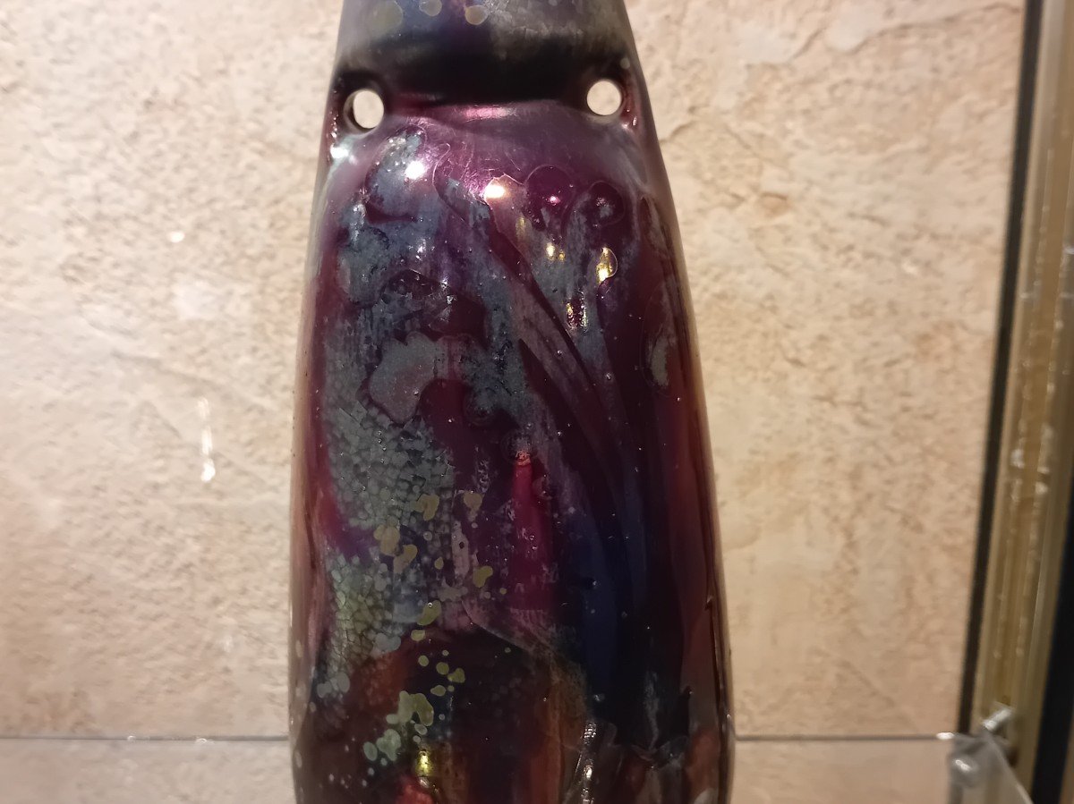Montieres Vase à Décors De Feuilles De Chêne En Faience à Reflets Métaliques -photo-3