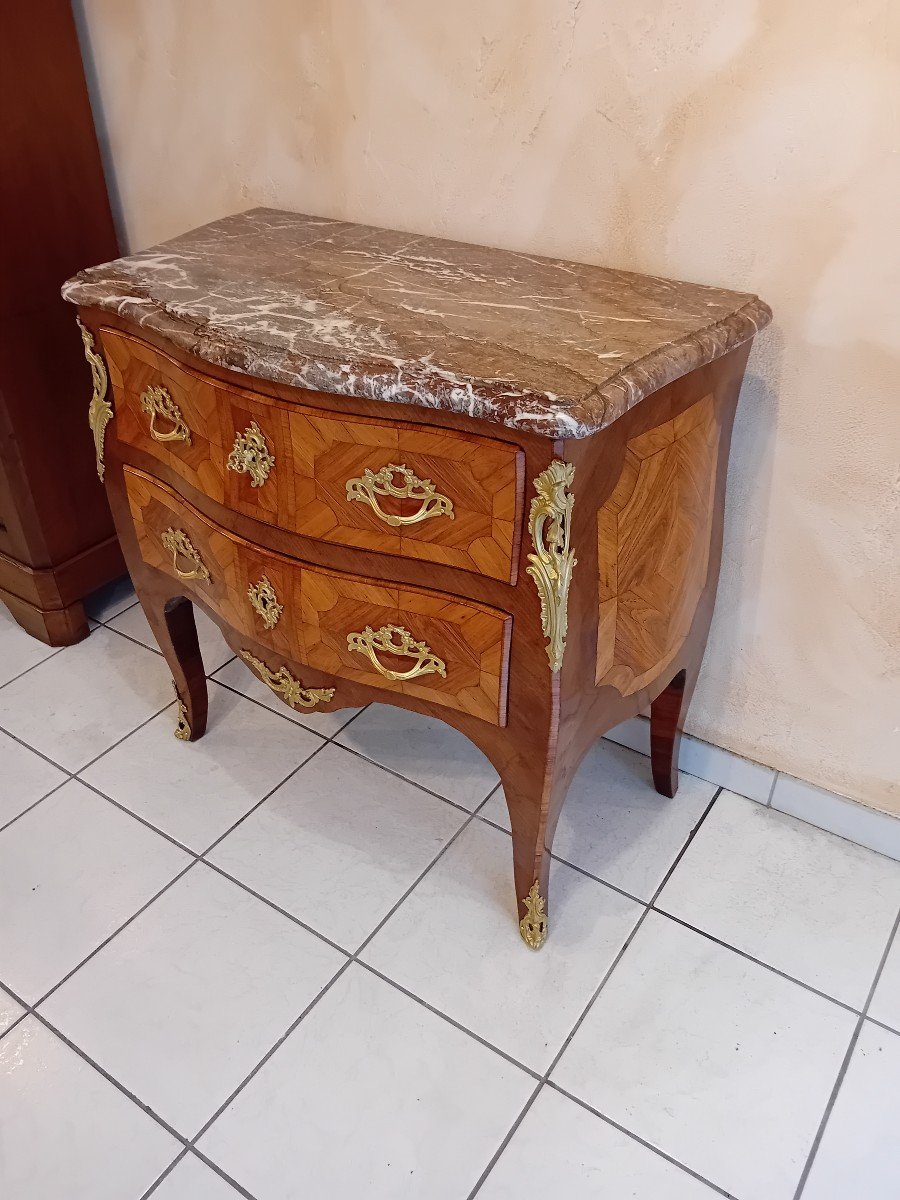 Curved Chest Of Drawers Louis XV Marquetry 18th Century -photo-4